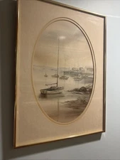 Original Signed Carol Sebold Water Color Boats Sailboats In Harbor Watercolor