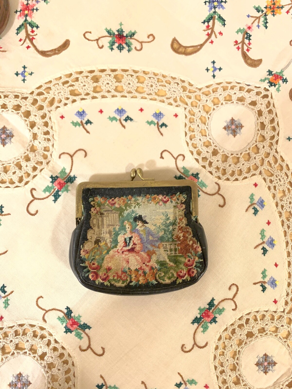 Antique French Coin Purse, Romantic Petit Point Embroidery and Leather