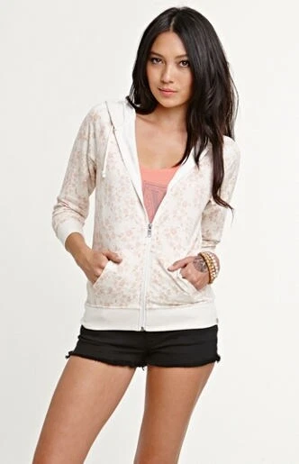 WOMEN'S/JRS NOLLIE IVORY PEACH FLOWERS LIGHTWEIGHT HOODIE NEW $45