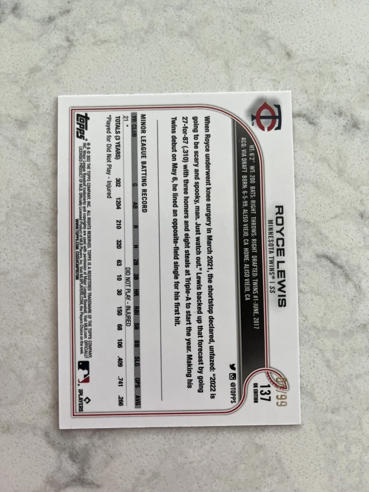 Royce Lewis RC Topps UK Edition Big Ben #137 1/99! - Image 2 of 3