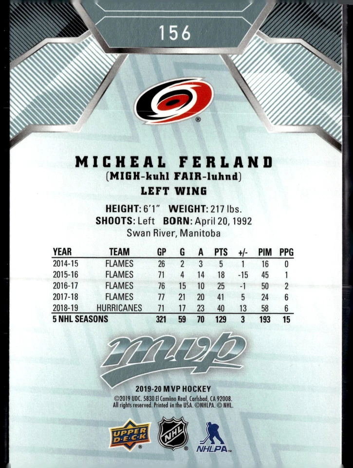 2019-20 Upper Deck MVP #156 Micheal Ferland - Image 2 of 2