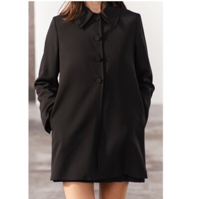 Zara Wool Blend Frock Coat Jacket Lapel collar ZW Collection Black 