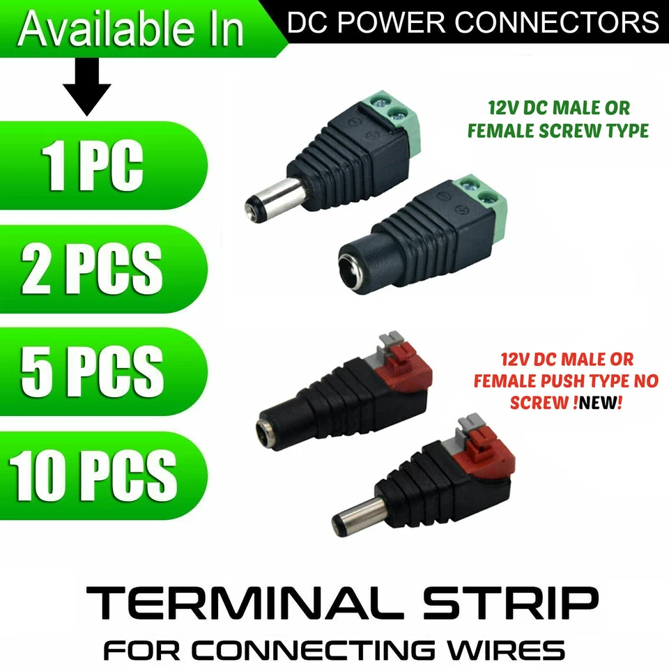 12V DC Male Female Power Balun CCTV CAMERA & LED Connectors End Jack Plug Lot