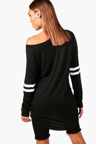 Womens Oversized Baseball Stripe Curved Hem Dress Long Sleeve Sporty T Shirt Top - Picture 21 of 45