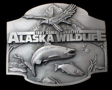 1991 ALASKA WILDLIFE COMMEMORATIVE BELT BUCKLE EAGLE  SALMON  321/2500