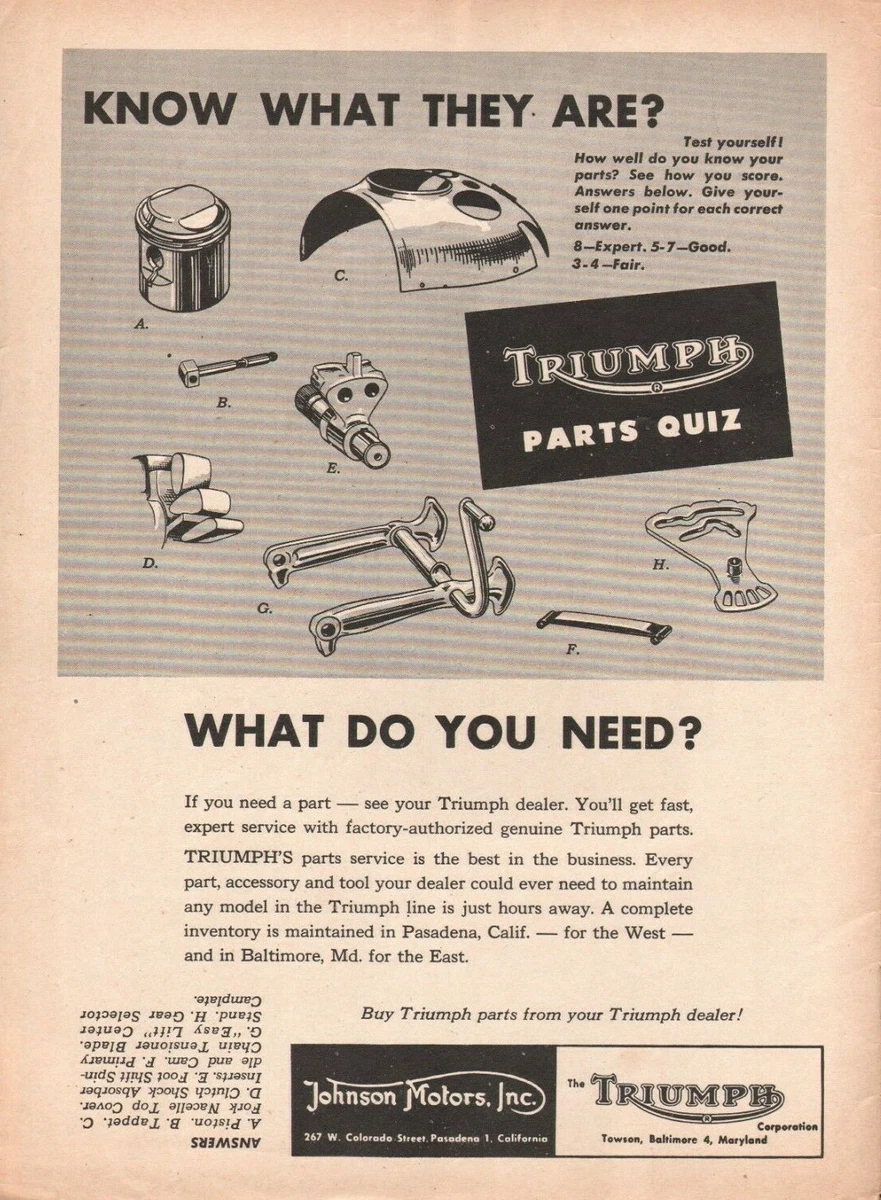1960 Triumph Motorcycle Parts Quiz Vintage Motorcycle Ad eBay