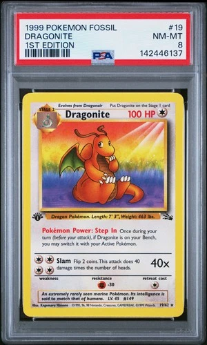 1999 POKEMON FOSSIL 1ST EDITION #19 DRAGONITE PSA 8