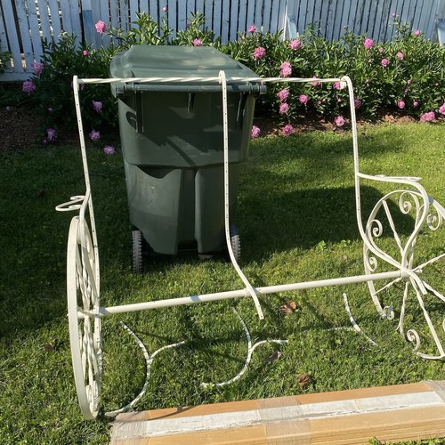 Antique Painted Wrought Iron Rolling Garden Bench, New Oak Slats Needs Assembly