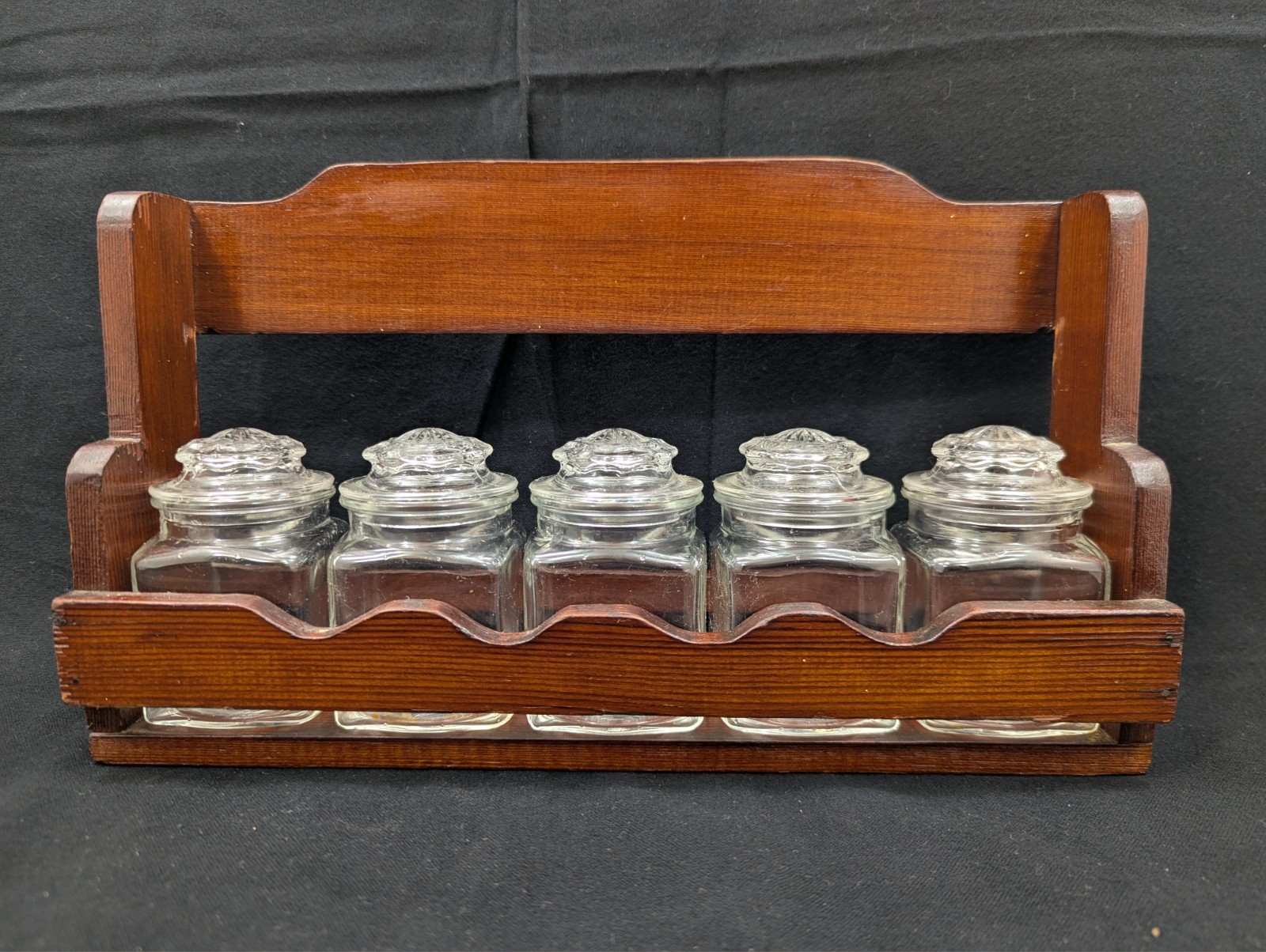 Vintage 12x7 Wooden Wall Spice Rack Glass Apothecary Jars Cottagecore Farmhouse