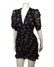 Zara Dress Women Size XS Black Red Floral Draped Ruched Mesh Puff Sleeve V Neck