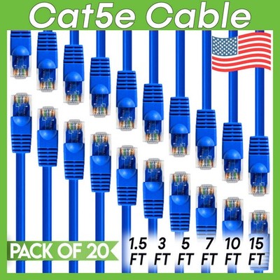 20 PACK Cat5e Cable Blue Cat 5 Patch Cord Ethernet RJ45 Connectors LAN Wire