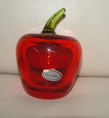 Rainbow Viking Blenko Red Art Glass Apple Green stem Paperweight W Sticker