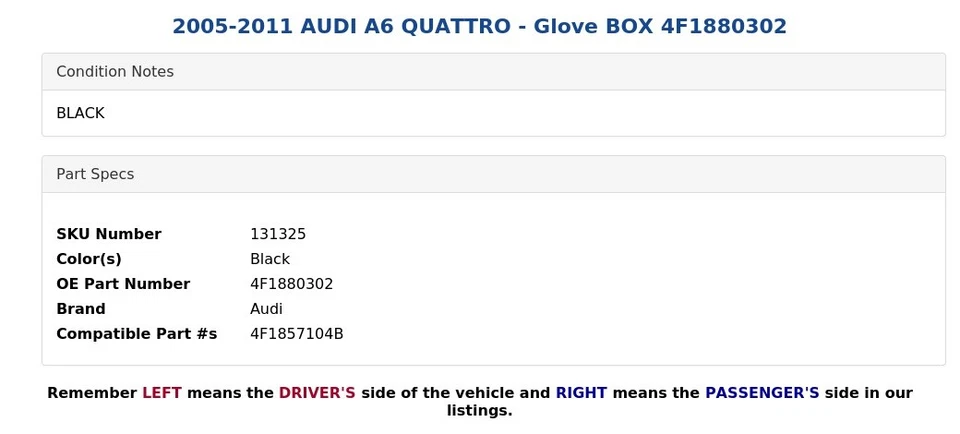 2005-2011 AUDI A6 QUATTRO - Glove BOX 4F1880302 - Image 4 of 4