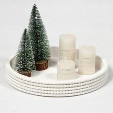 12'' Round Wooden Tray, Whitewashed Round Decorative Wood Tray, Farmhouse Rus...