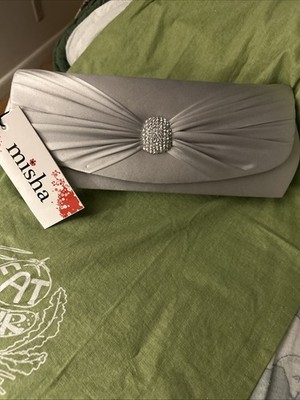 Misha, silver satin Pleaded Clutch Or Crossbody Long Chain Purse