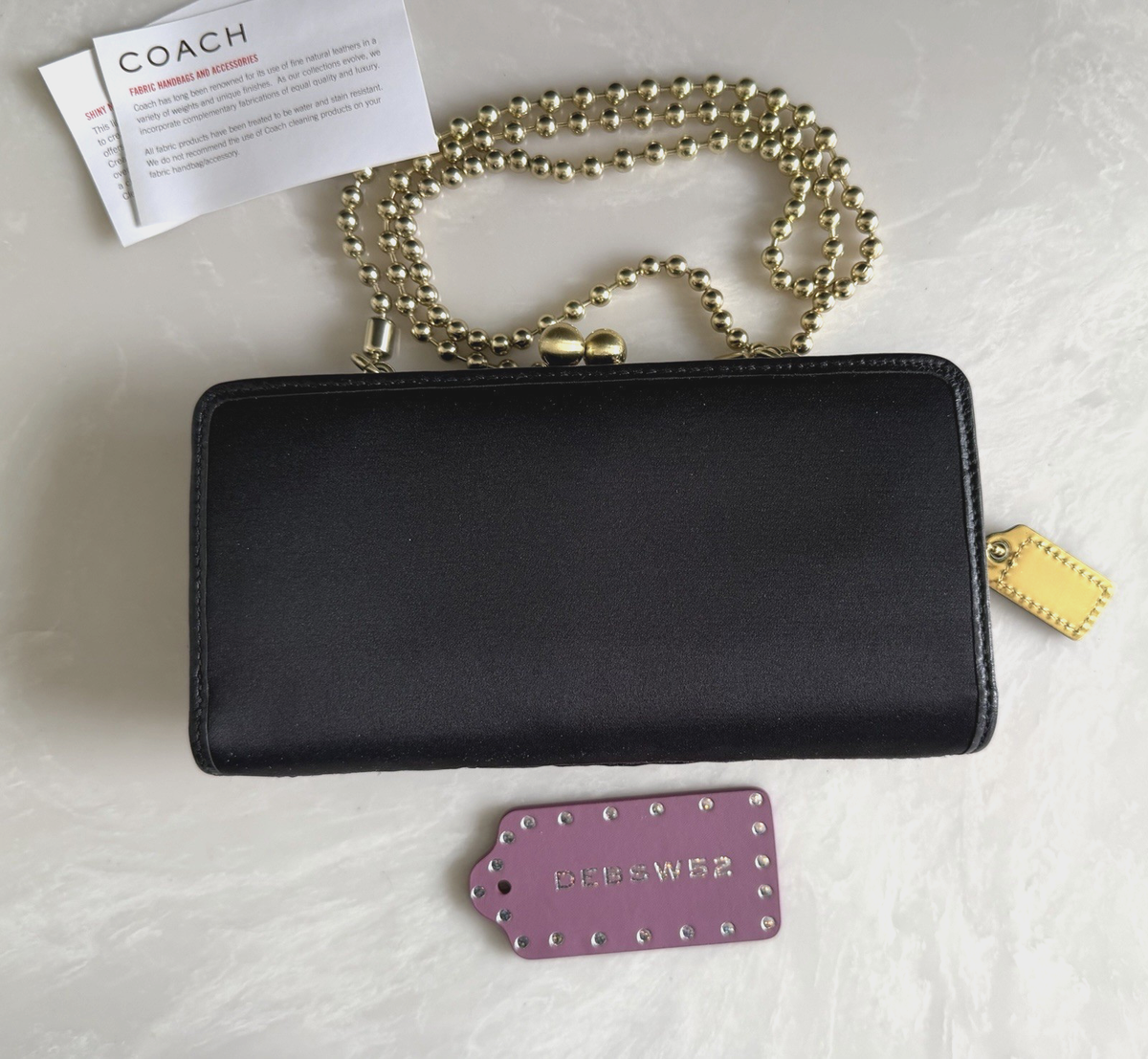 COACH AMANDA DARCY BLACK SATIN/LEATHER BEADED CHAIN KISSLOCK