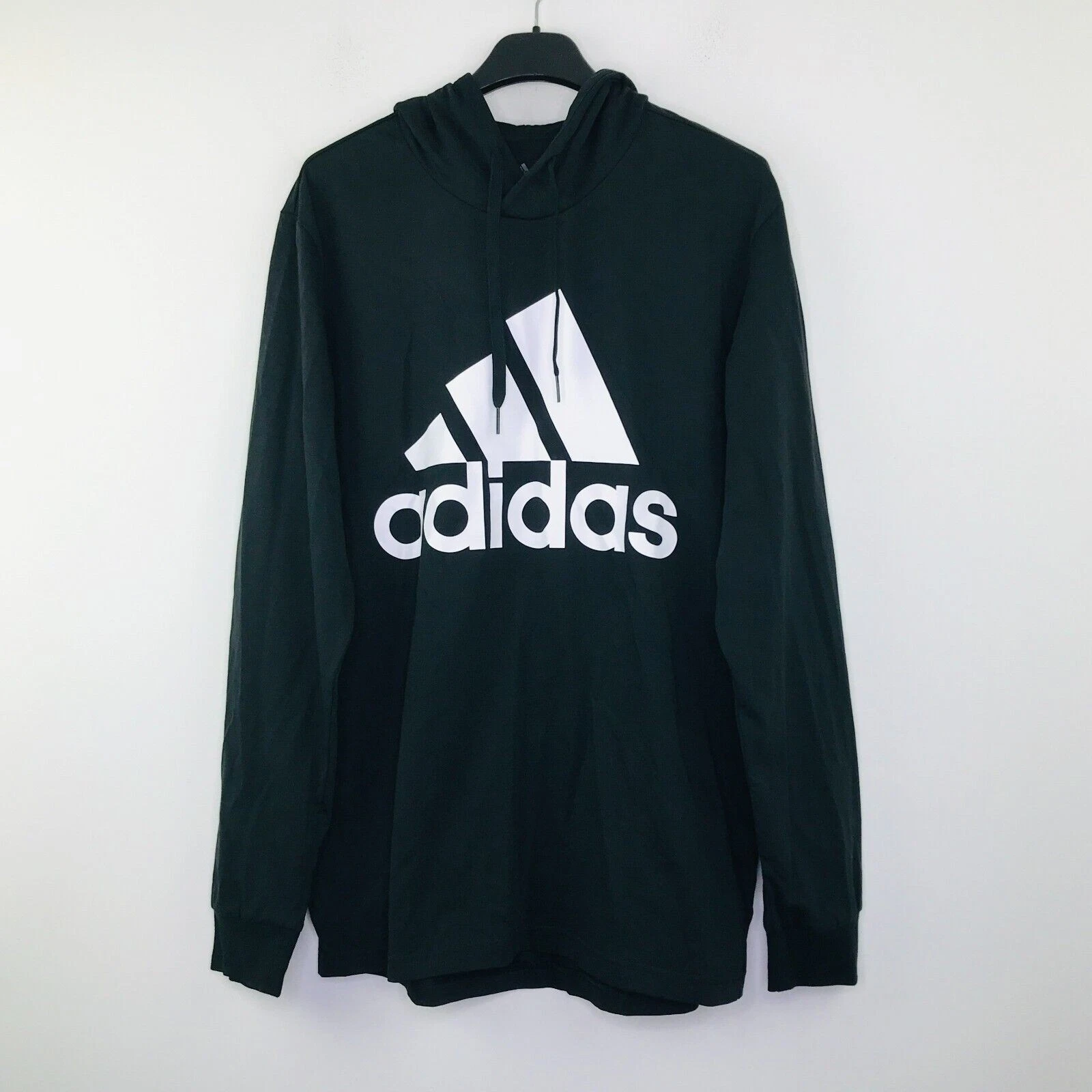 Adidas Men's Large Hoodie Solid Black White Logo Lightweight Pullover NWT AR5