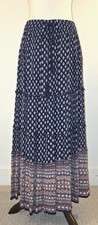Flint Moss Tiered Maxi Skirt S Pull On Ruffle Navy Indian Block Print Boho