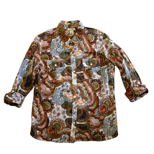 Lucky Brand Large Paisley Shirt Lightweight Batik Camp Roll Tab Sleeve Cotton