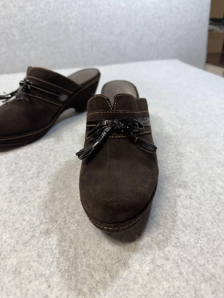 Zapatos Ecco para mujer talla 40 marrón gamuza mula zuecos tacones borla sin cordones cómodos Foto 3 de 4