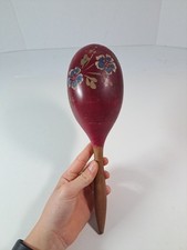 Vintage Wooden Red Maraca With Floral Engravings