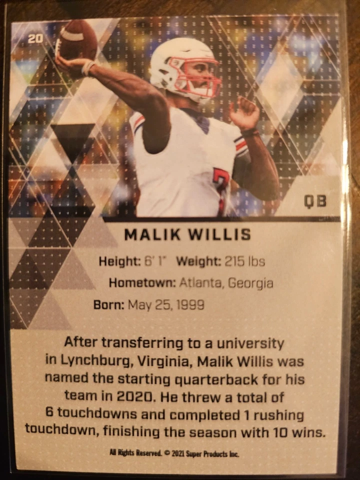 2021 Super Glow Sports Malik Willis Gold Foil #20 (RC) - Image 2 of 2