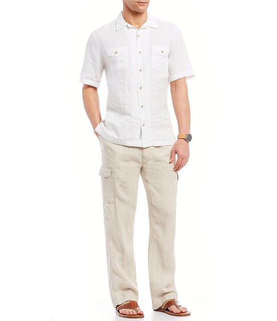 Caribbean 100 Linen Cargo Pants Mens 38 X 30 Natural Beige W/ Elastic