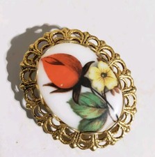 Vintage Floral Porcelain Oval Cameo Gold Tone Filigree Hair Barrett Victorian