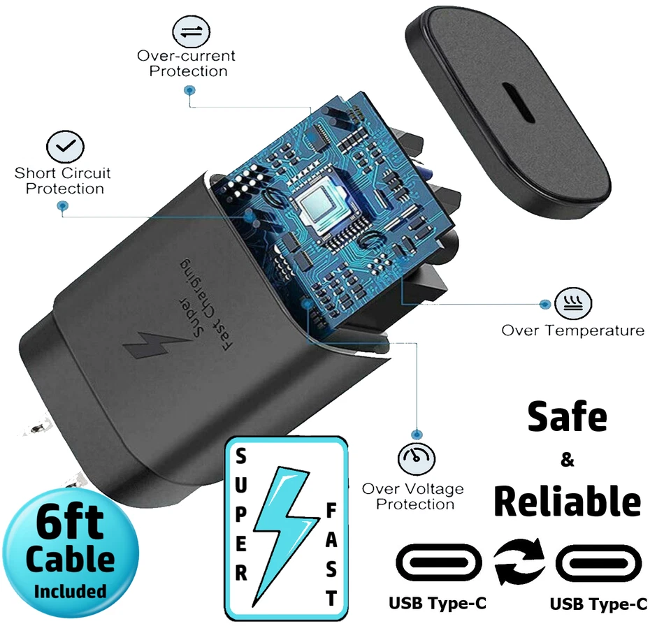 2 Pack 25w USB-C Super Fast Charger+6FT Cable FOR Samsung Galaxy A14 A15 S23 S24 - Image 4 of 4