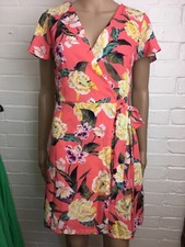 NEW Coral Orange Floral Dress Summer Wrap Tie Waist Short Sleeve - Size 8