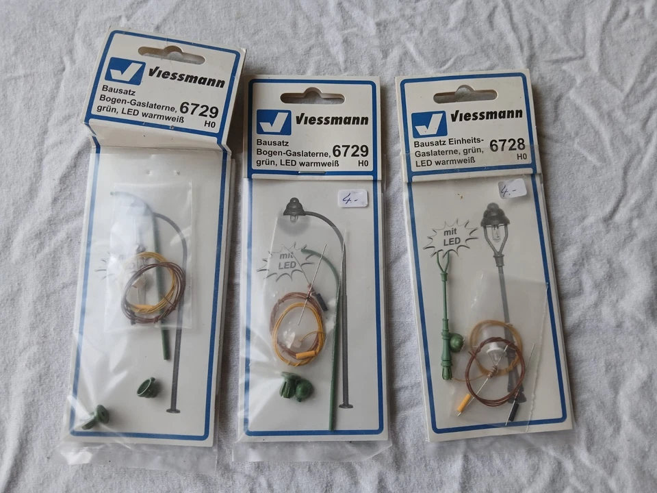 Viessmann 6728/6729 H0 3 x Bausatz Gaslaterne grün LED warmweiß 56 u. 80 mm hoch