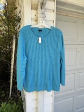 NWT Talbots Pretty Turquoise Cabled Crew Neck Long Sleeve Sweater 2X 18W 20W