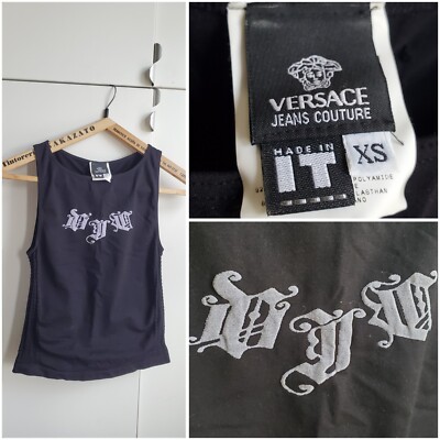 VTG 90s Y2K Versace Jeans Couture Top Black Logo Whimsigoth Moto