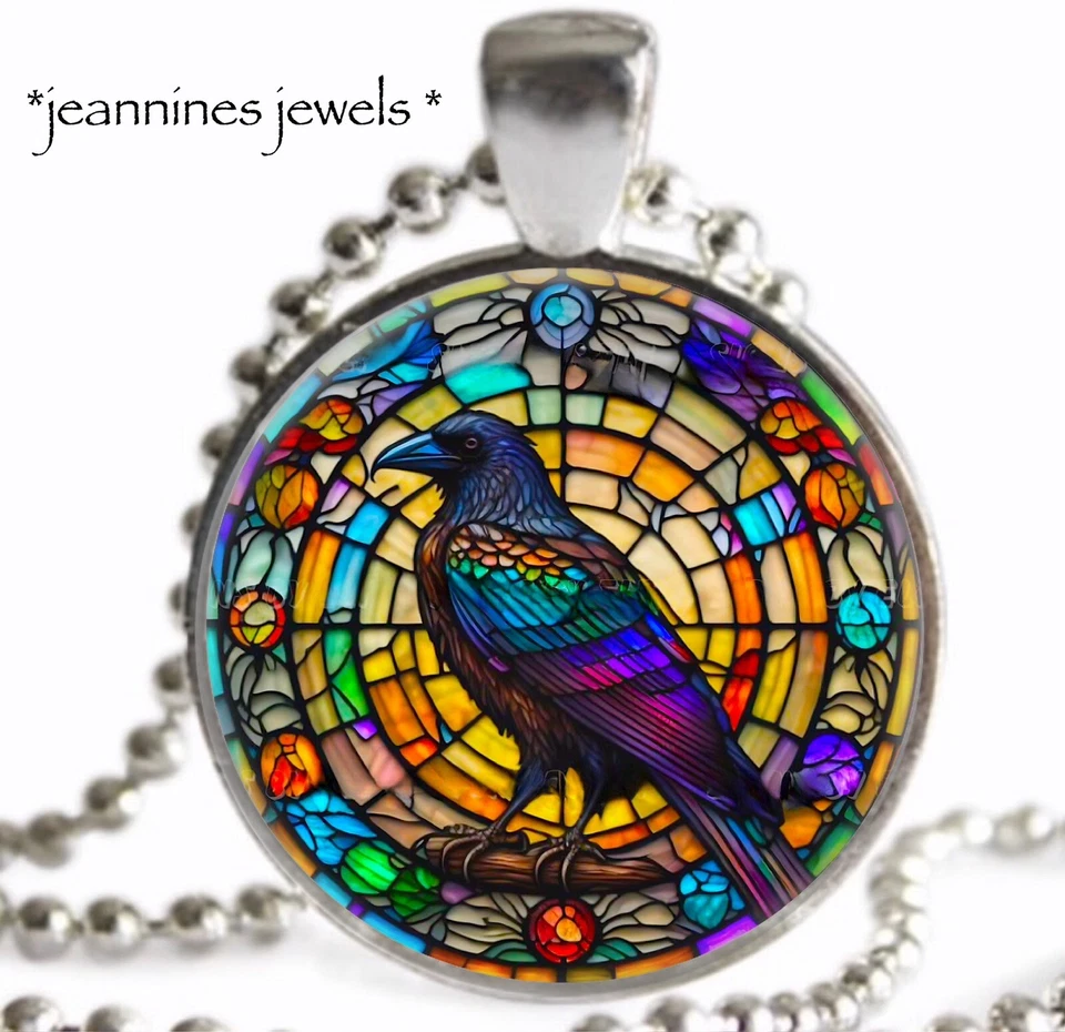 COLLAR Cuervo Negro Cuervo Pájaro Imitación Vidrieras Arte Impresión Plata Dije Colgante Foto 4 de 4