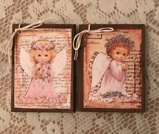 **NEW** 5 Wooden Handcrafted Easter ANGEL 😇 Ornaments / Easter Hang Tags Set18