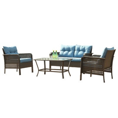 Outdoor Patio Furniture 4 Pcs Rattan Sofa Wicker Chair Cushions Table Set Blue Ebay