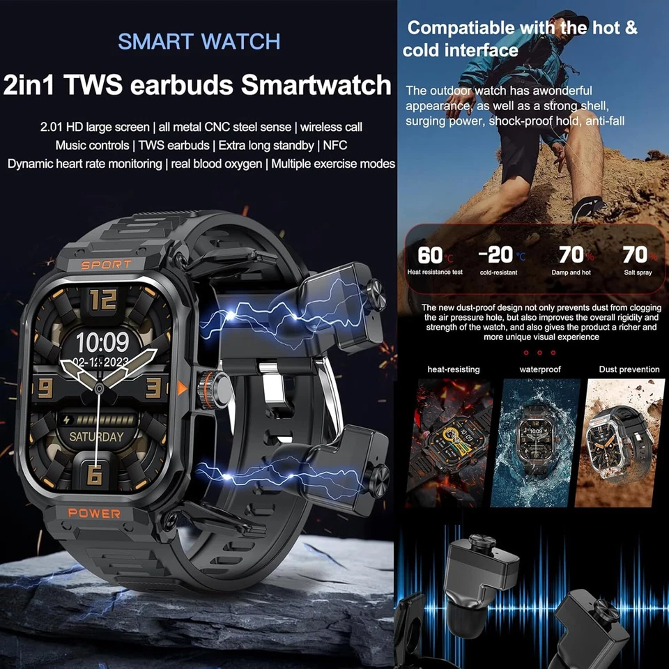 2-IN-1 Military Rugged Sport Smart Watch With Earbuds For Men(Call Receive/Dial) - Image 3 of 4
