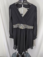 Little Mistress Black Boho Beaded Jeweled Long Sleeve Short Dress SZ 16