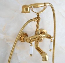 Gold Color Brass Wall Mount Bathroom Clawfoot Tub Filler Faucet Handshower