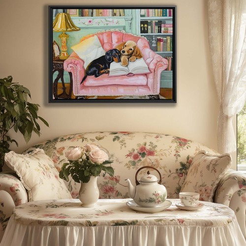 Acogedor Dachshund y Golden Retriever Cachorro Arte De Colección Rincón de Lectura Lienzo Impresión - Imagen 9 de 9