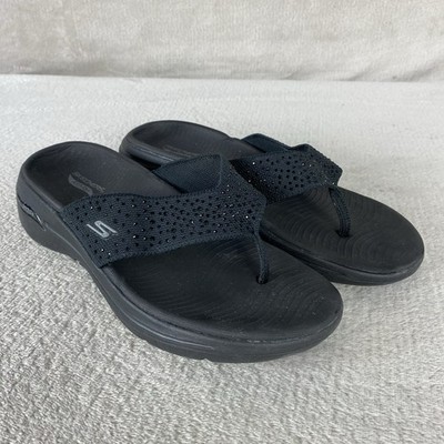 Skechers Go Walk Arch Fit Dazzle Sandals Womens 7 Black Thong Wedge Rhinestone