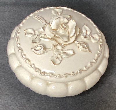 Vintage 1950s Claire Lerner Ceramic Candy Dish w/ Lid  Rose Floral Top Gold Trim