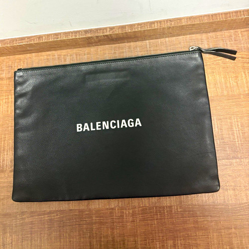 Balenciaga Black Logo Zip Wrist Strap Clutch Pouch Silver Hardware Lined COA