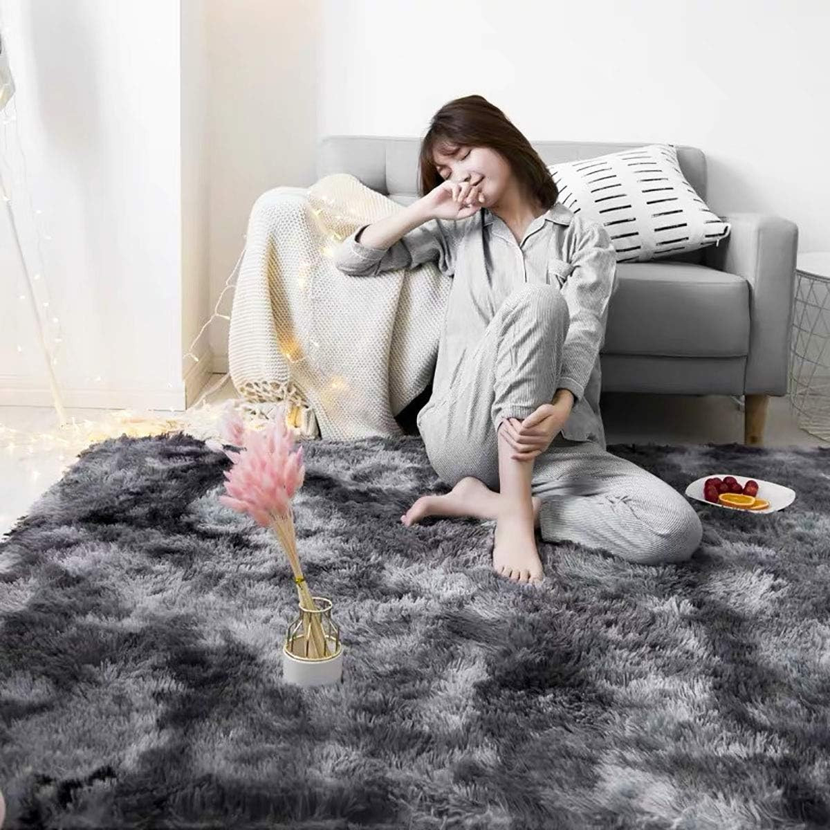Tapis doux salon 160x200 cm noir gris pour sol froid et bruyant