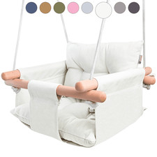 Canvas Baby Swing Wooden Hanging Ivory Swing Seat Chair with Safety Belt Durable