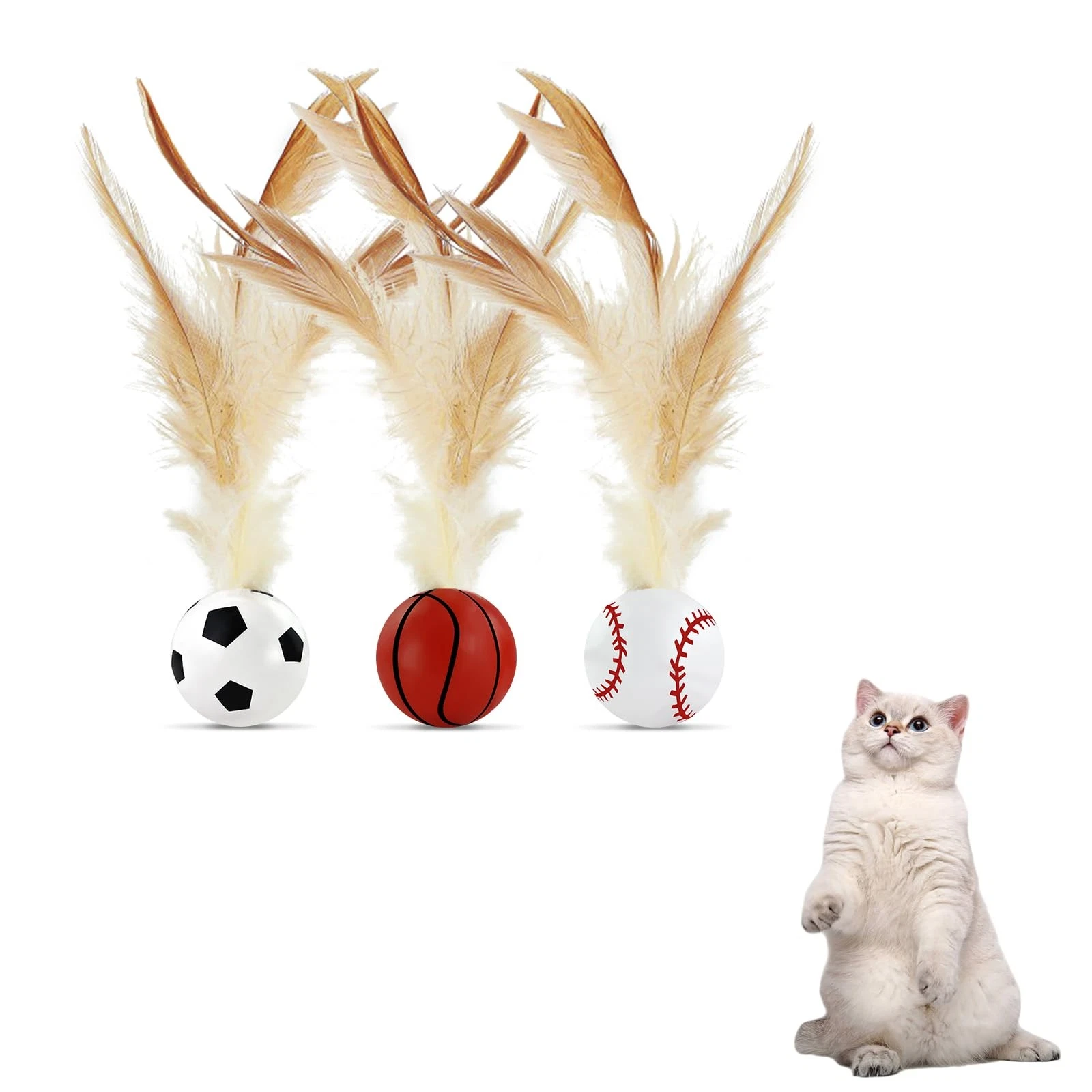 3PCS Cat Bouncy Ball with Feather, Colorful Cat Feather Ball Toy Set with Good...