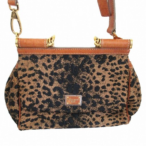 Auth DOLCE&GABBANA Sicily Shoulder Bag Leopard Print 2-Way Bag Beige x Black