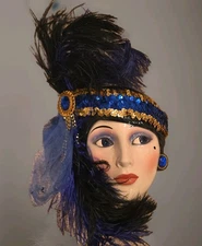 Clay Art San Francisco SF USA 13" Royal Blue Feathered Mardi Gras Mask