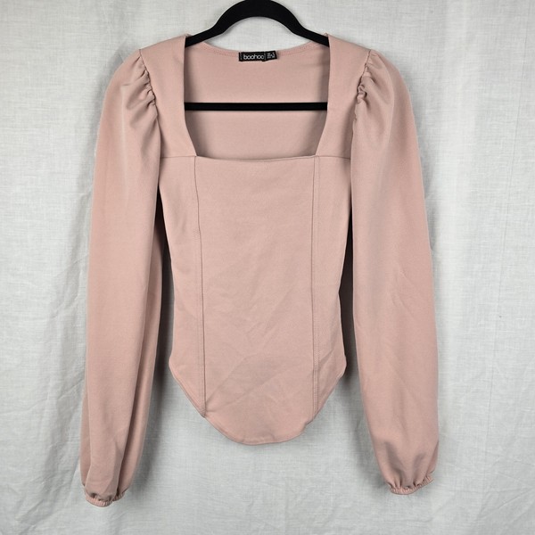 Boohoo Size 8 Pink Long Sleeve Corset Style Top (14 1/2" Bust)