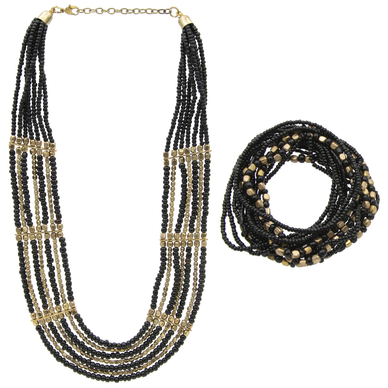 Черно-золотой многослойный комплект из ожерелья и браслета из бисера Skyline Collection 2090₽